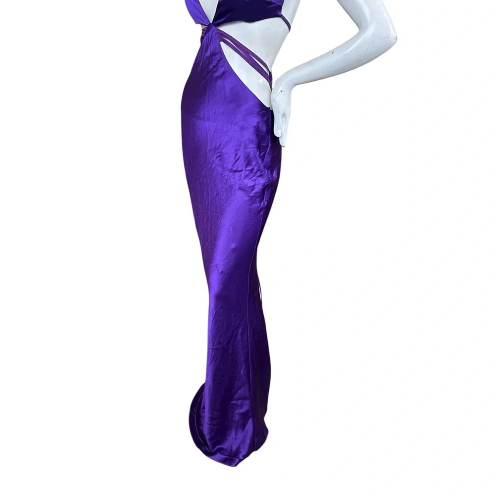 Retrofete Selma Slinky Satin Purple Cutout Low Cut Maxi Gown Size Small